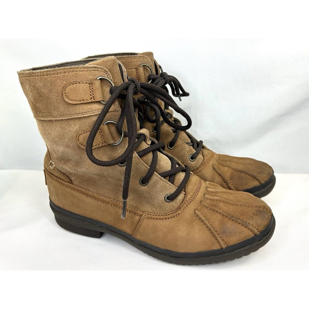 UGG Azaria Women’s Size 8 Duck Boots Waterproof Chestnut Leather Wool Lining